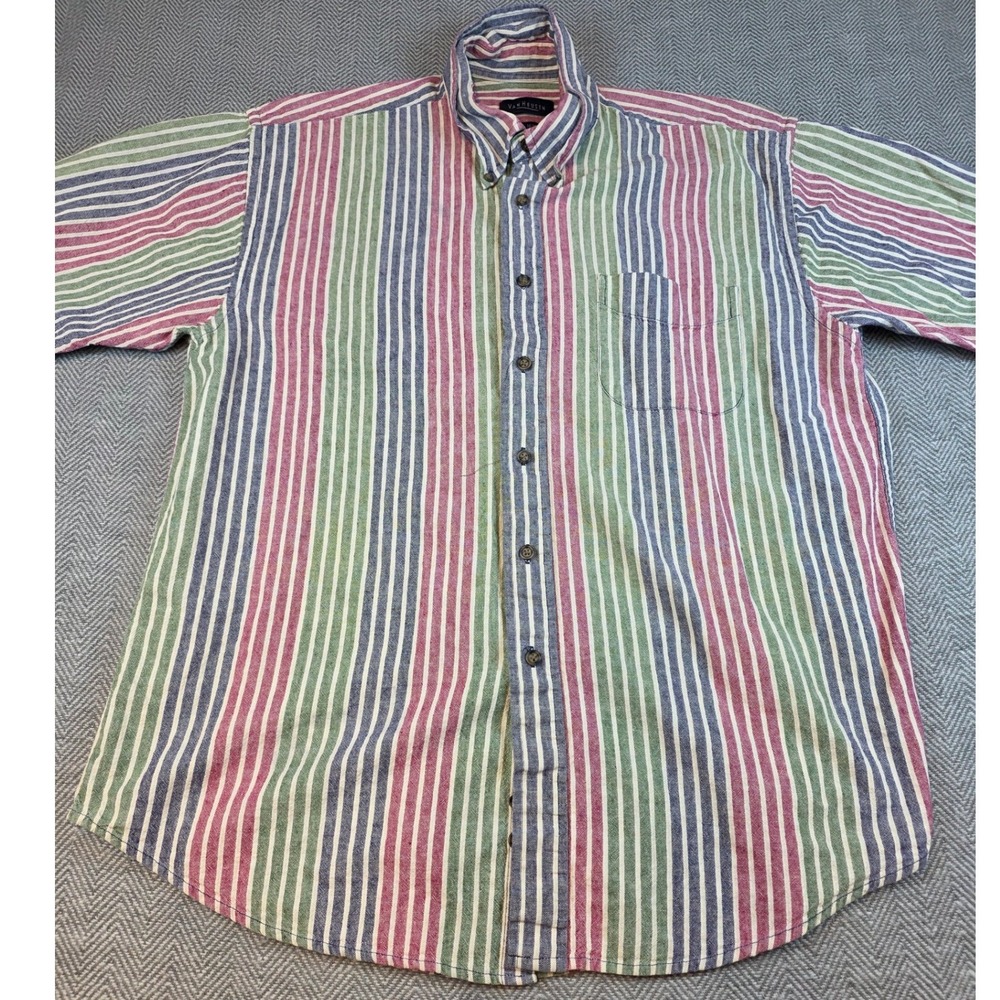 Van Heusen Mens Large Short Sleeve Button Down Shirt Multicolor Striped 90s